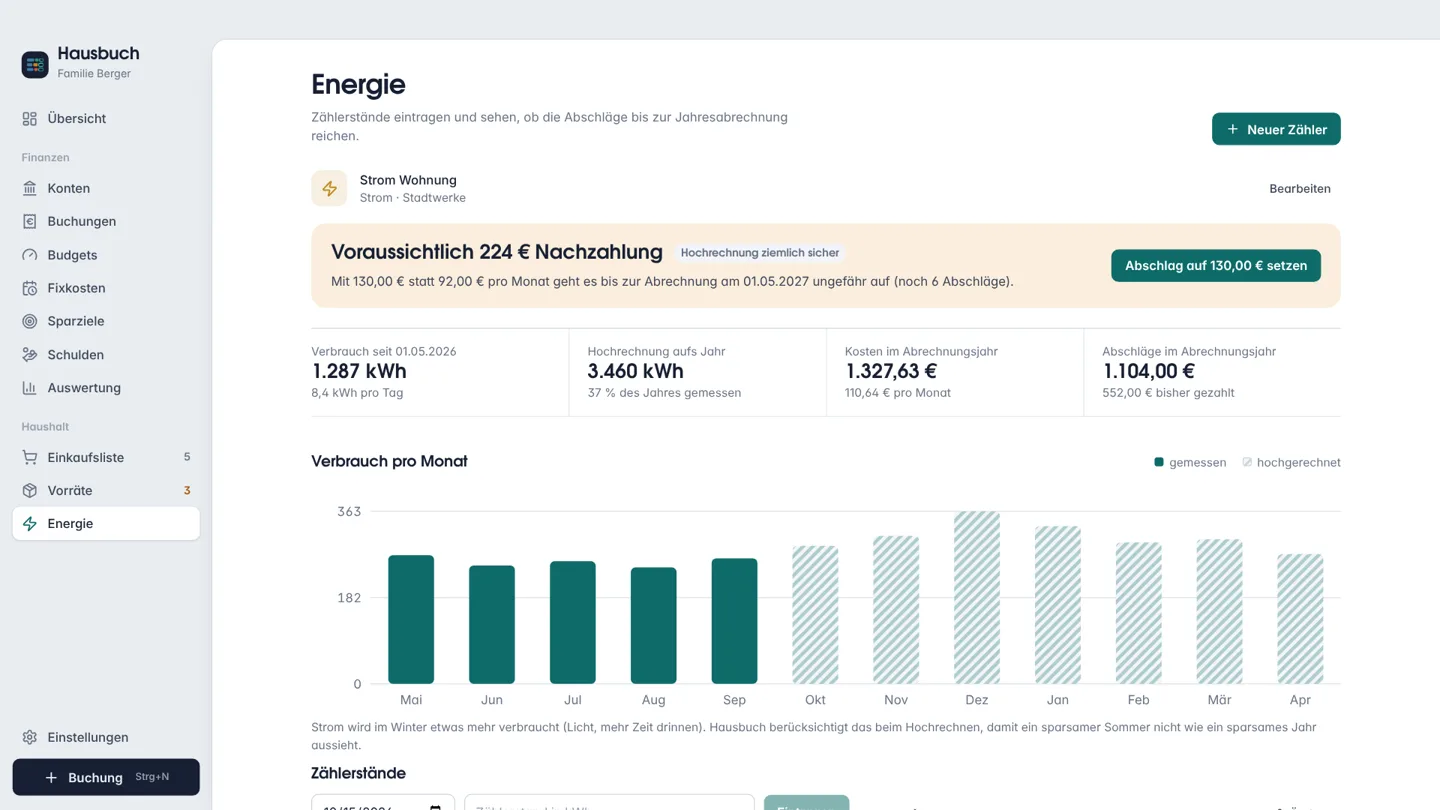Bildschirmfoto: Energie und Abschläge