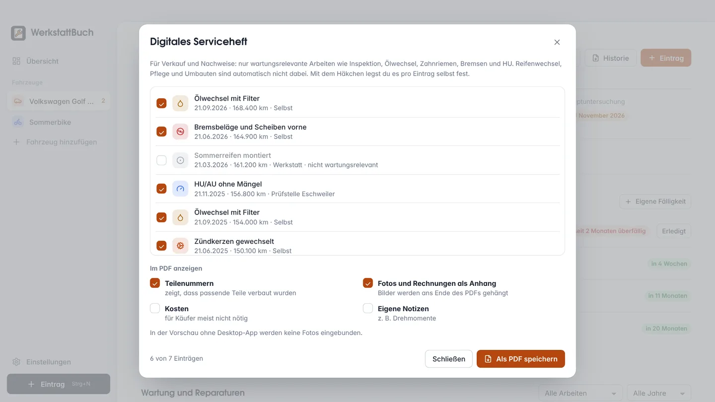 Bildschirmfoto: Digitales Serviceheft